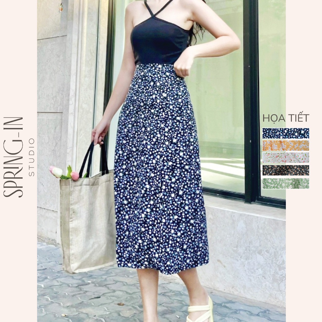 Chân váy dài chữ A hoa nhí dáng midi xòe màu đen, vàng, xanh cho nữ phong cách Hàn Quốc trẻ trung SPRING-IN