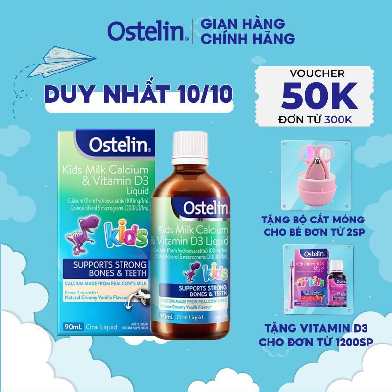 Canxi và Vitamin D3 200IU dạng nước cho bé Ostelin Kids Milk Calcium & Vitamin D3 Liquid 90ml của Úc