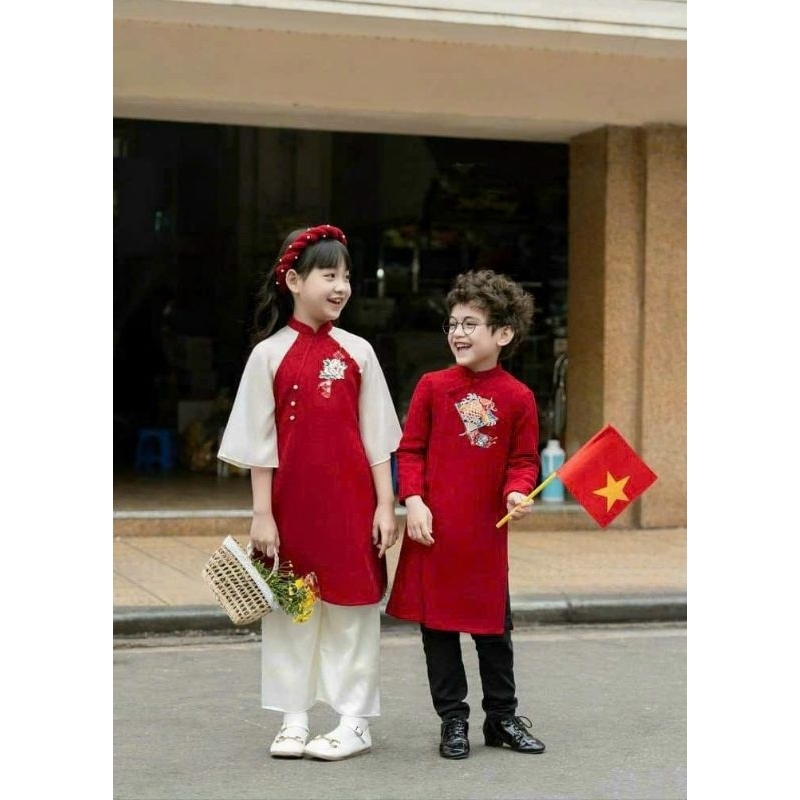 Áo dài gia đình màu xanh cốm  đỏ tươi 💝FREESHIP💝 Áo dài cách tân gia đình sang đẹp