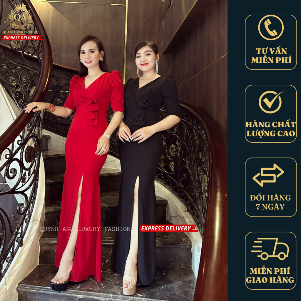 Đầm Dạ Hội Trung Niên Xẻ Tà Cổ V Kết Nơ Bella Dress