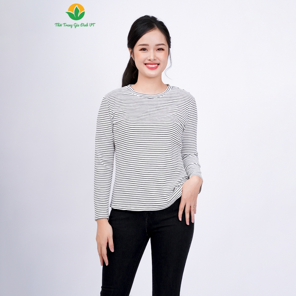 Áo cotton dệt kim nữ tay kẻ thời trang Việt Thắng - A11.2303