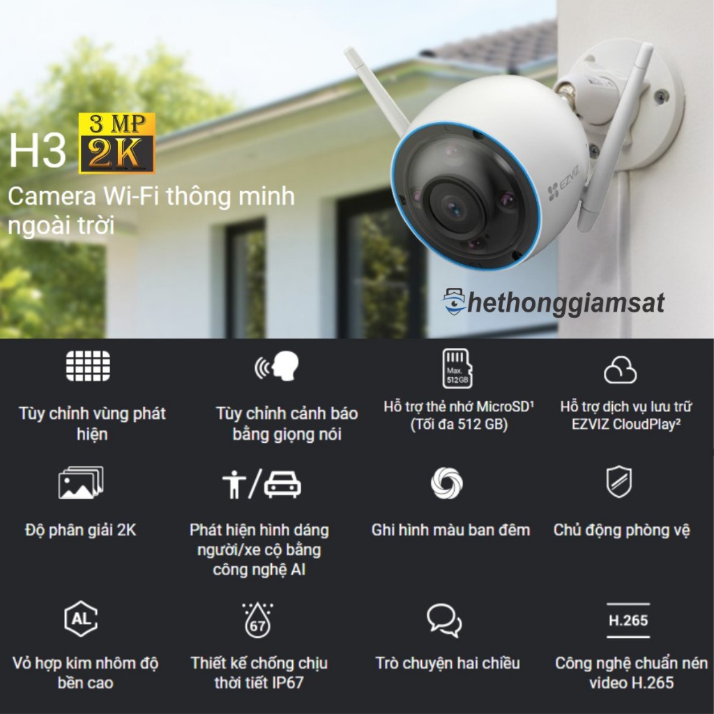 Camera WiFi ngoài trời EZVIZ CV310 1080P Thay Sang Mẫu Mới H3 3Mpx 2k Công nghệ thông minh, có màu 24/24