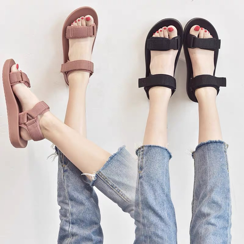 Giày sandal đế bằng 2 quai fashion quai dán xé điều chỉnh cao cấp siêu nhẹ thoáng khí êm chân