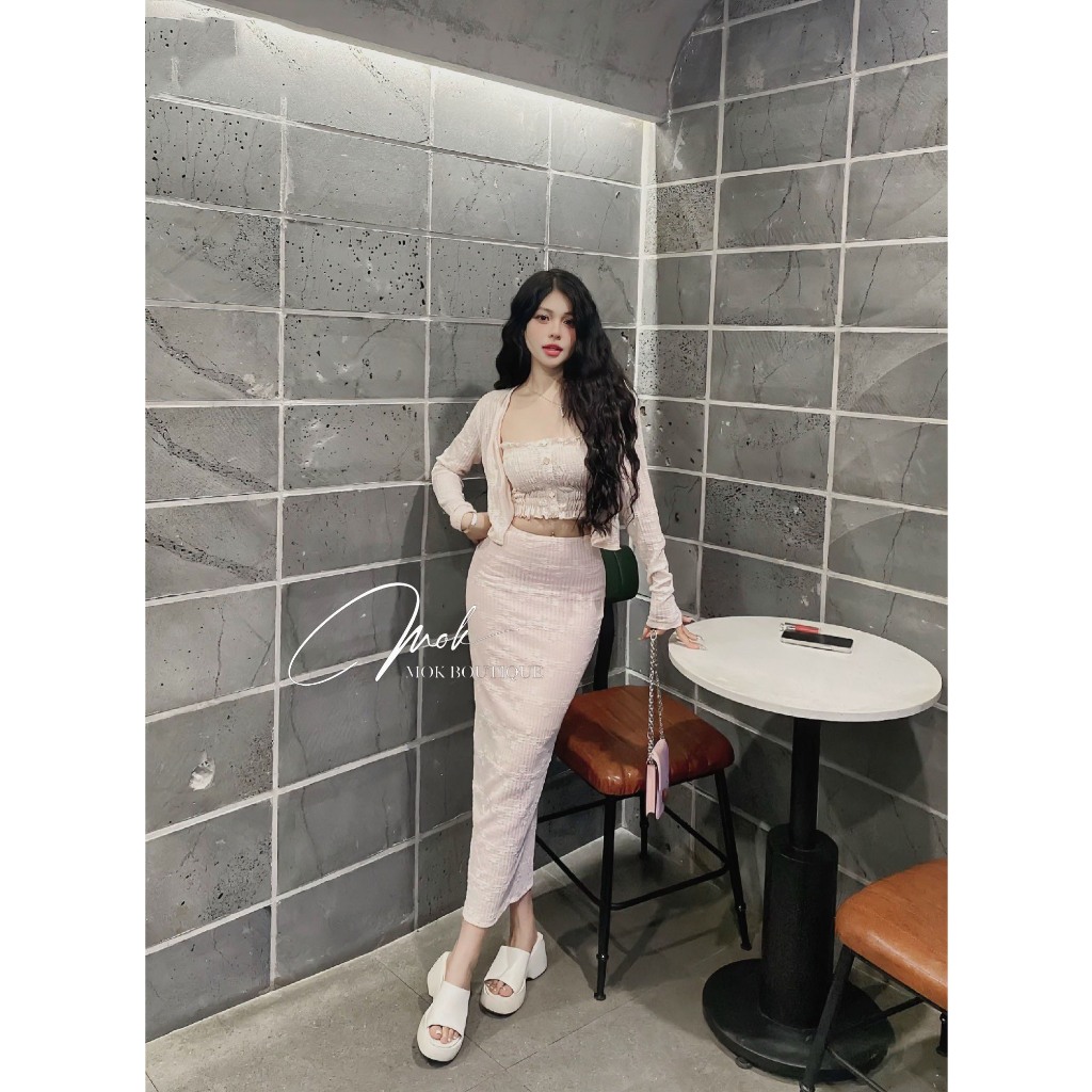 Set váy nữ áo cadigan tay dài mix áo hai dây phối chân váy dáng dài chât co giãn phong cách Hàn Quốc