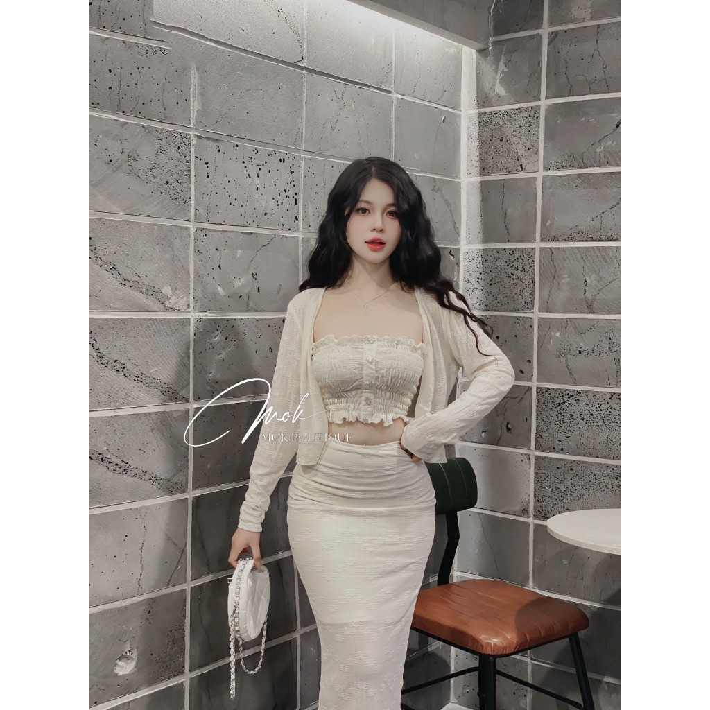 Set váy nữ áo cadigan tay dài mix áo hai dây phối chân váy dáng dài chât co giãn phong cách Hàn Quốc