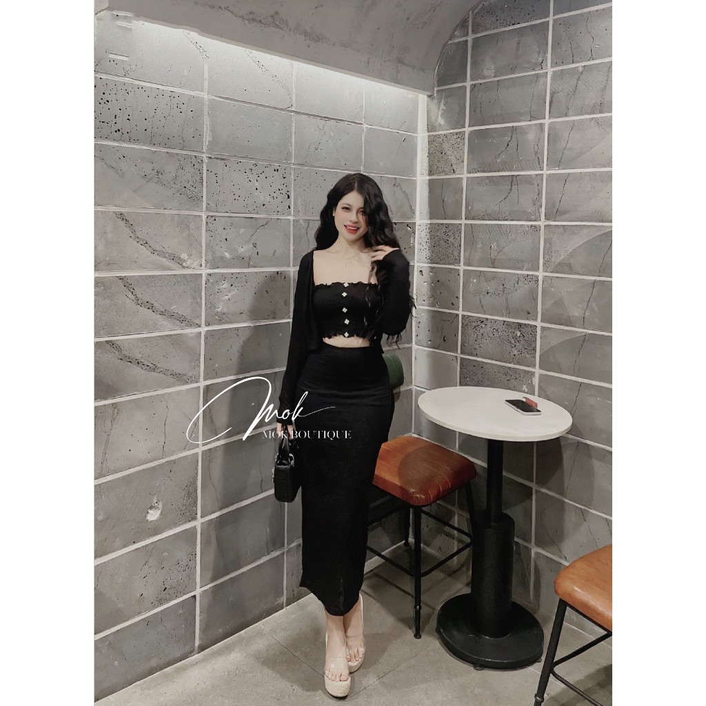 Set váy nữ áo cadigan tay dài mix áo hai dây phối chân váy dáng dài chât co giãn phong cách Hàn Quốc