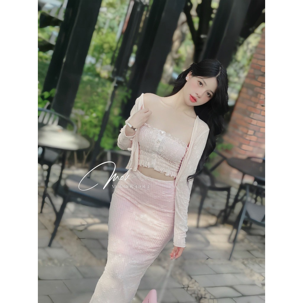 Set váy nữ áo cadigan tay dài mix áo hai dây phối chân váy dáng dài chât co giãn phong cách Hàn Quốc