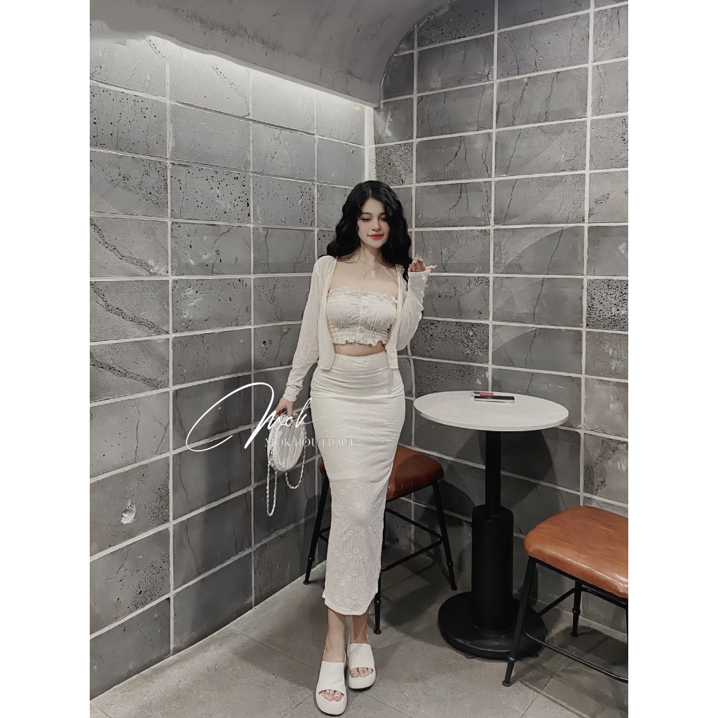 Set váy nữ áo cadigan tay dài mix áo hai dây phối chân váy dáng dài chât co giãn phong cách Hàn Quốc
