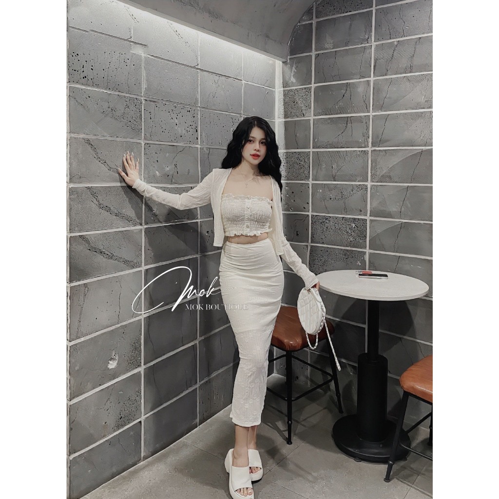 Set váy nữ áo cadigan tay dài mix áo hai dây phối chân váy dáng dài chât co giãn phong cách Hàn Quốc