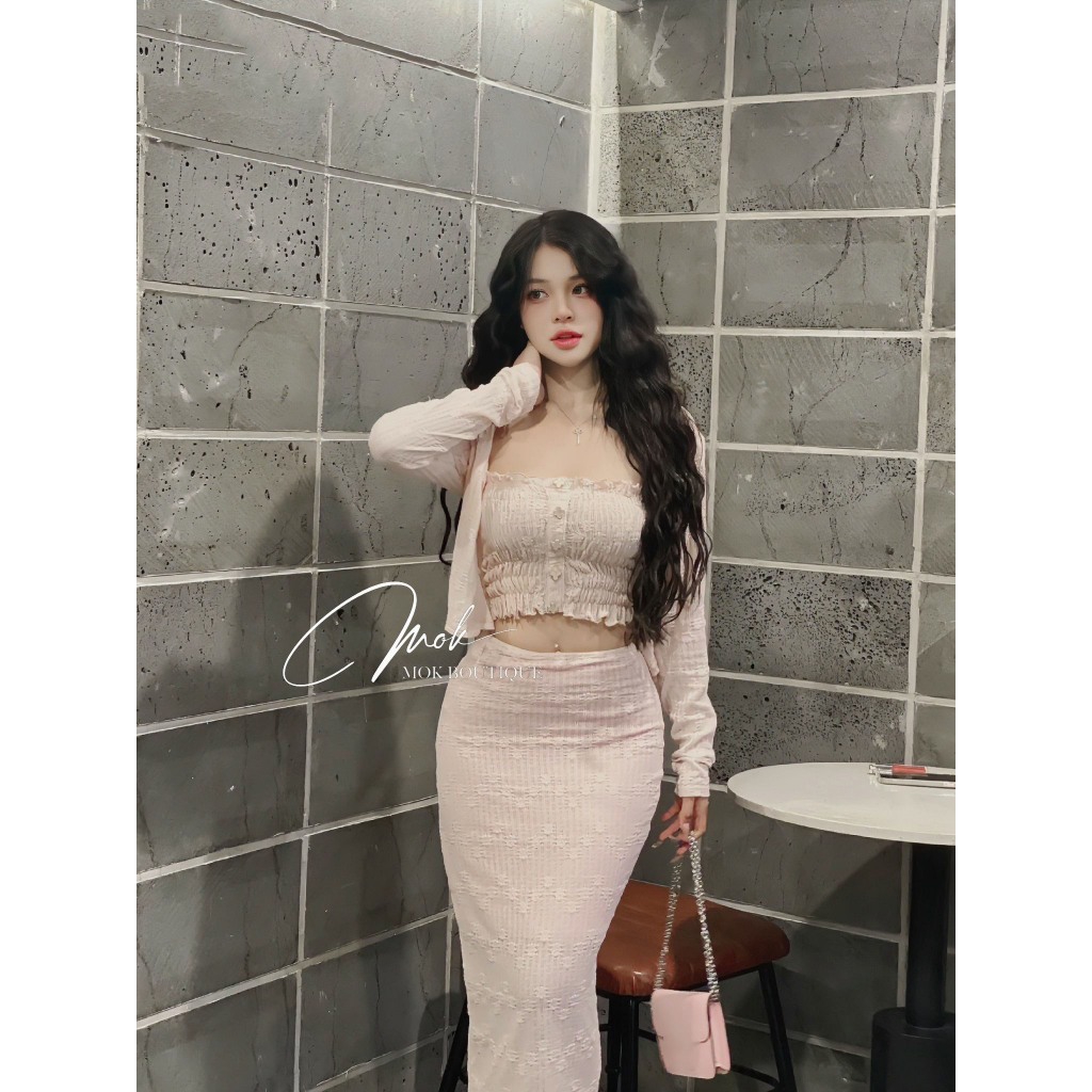 Set váy nữ áo cadigan tay dài mix áo hai dây phối chân váy dáng dài chât co giãn phong cách Hàn Quốc