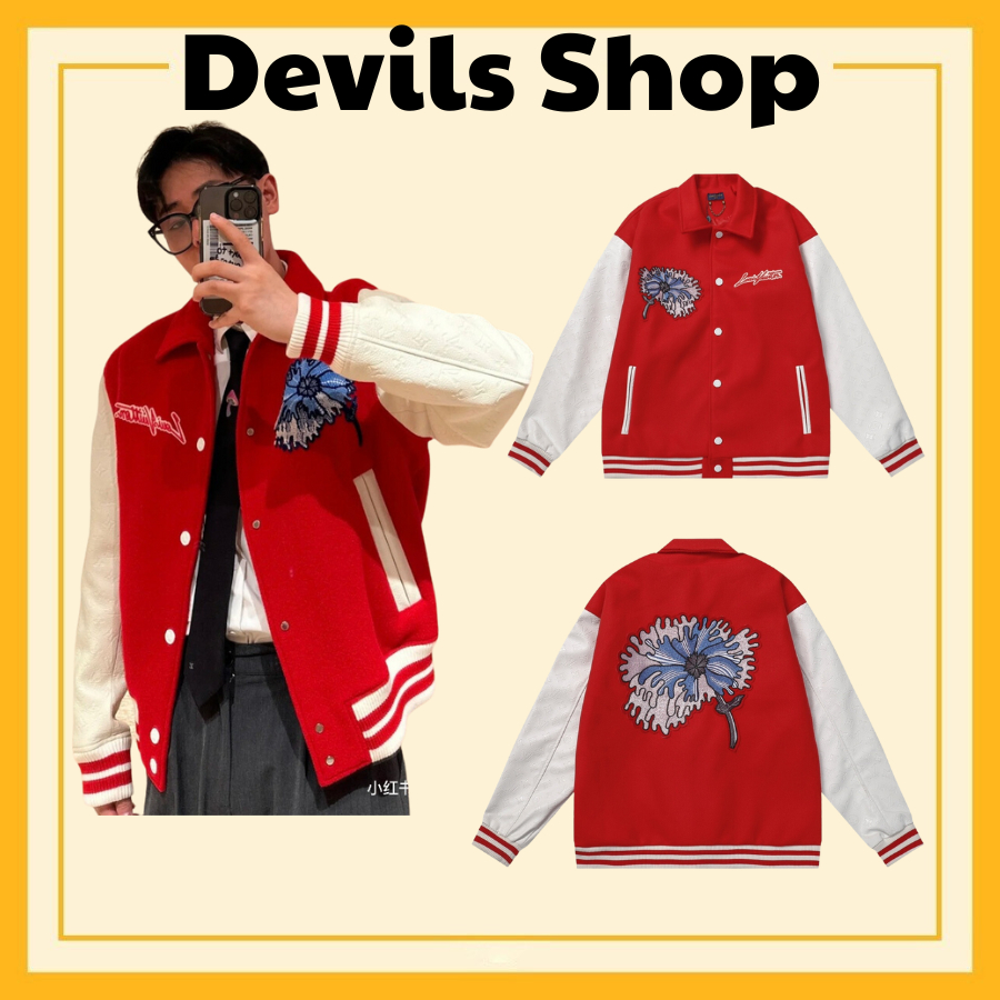 Áo varsity jacket LV Psychedelic Flower Embroidered màu đỏ cao cấp, Áo khoác bóng chày nam nữ LV thêu hình họa tiết