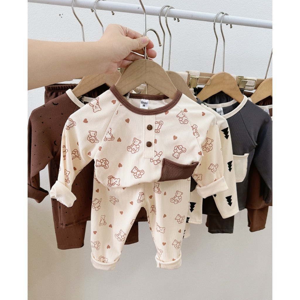 Bộ dài tay len tăm cổ màu họa tiết thu đông cho bé 6-18kg Namkidshop