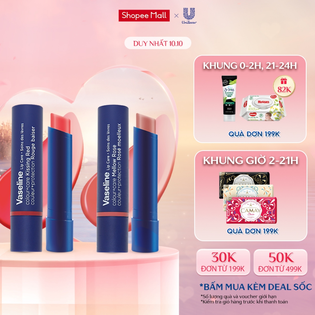 Combo 2 Son dưỡng môi Vaseline Colour+Care Mellow Rose & Kissing Red 3g