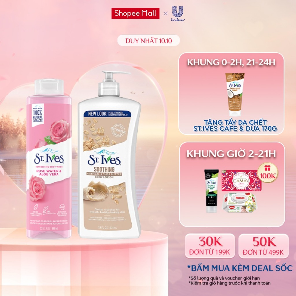 Combo Sữa tắm St.ives Hoa Hồng và Lô Hội 650ml&Sữa dưỡng thể St.Ives Yến mạch và bơ 621ml