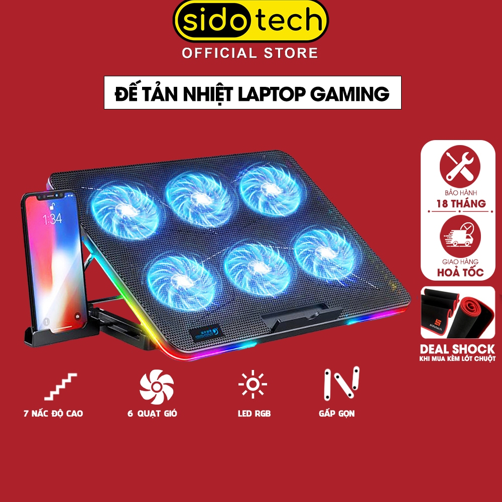 Đế tản nhiệt laptop gaming SIDOTECH ICE F5 6 quạt giá đỡ laptop đèn led rgb chỉnh tốc độ gió làm mát nhanh chống ồn