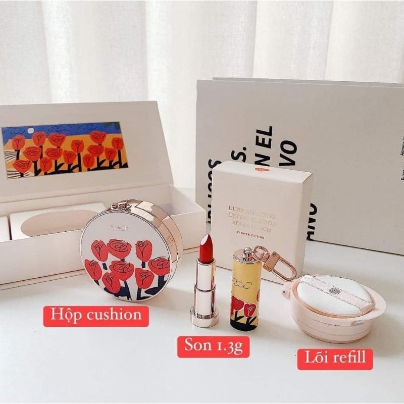 SET CUSHION OHUI Hoa Hồng 3 Món Phấn Nước + Lõi + Son Mini - Quà Tặng Tết
