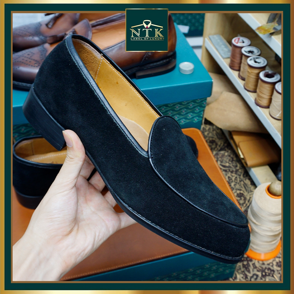 Giày da lộn cổ điển belgian loafer, chính hãng NTK Luxury, giày lười unisex cao cấp màu ĐEN da thật bảo hành 24 tháng