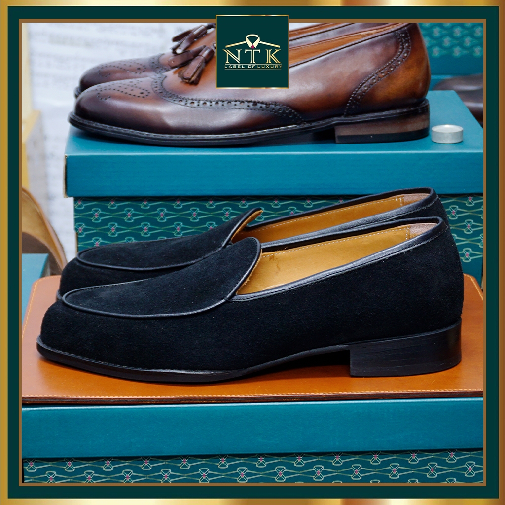 Giày da lộn cổ điển belgian loafer, chính hãng NTK Luxury, giày lười unisex cao cấp màu ĐEN da thật bảo hành 24 tháng