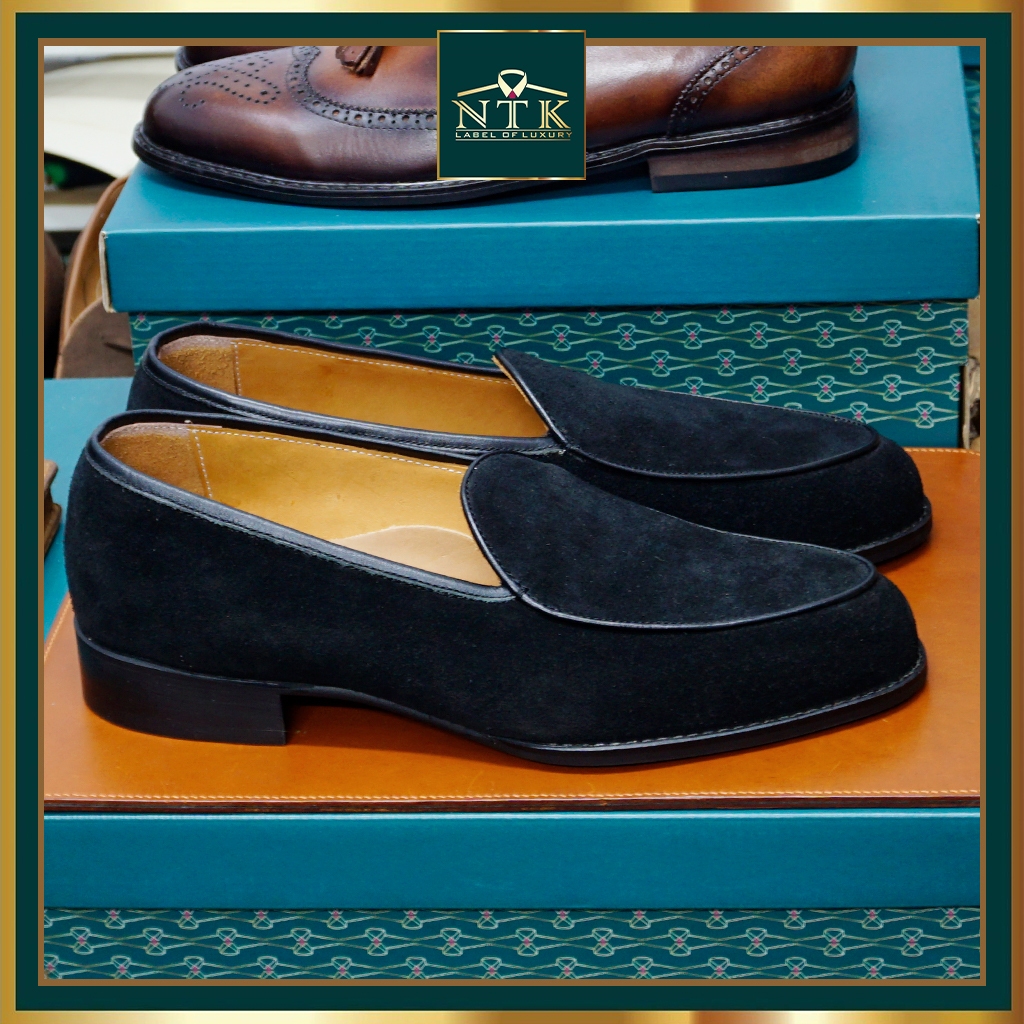 Giày da lộn cổ điển belgian loafer, chính hãng NTK Luxury, giày lười unisex cao cấp màu ĐEN da thật bảo hành 24 tháng