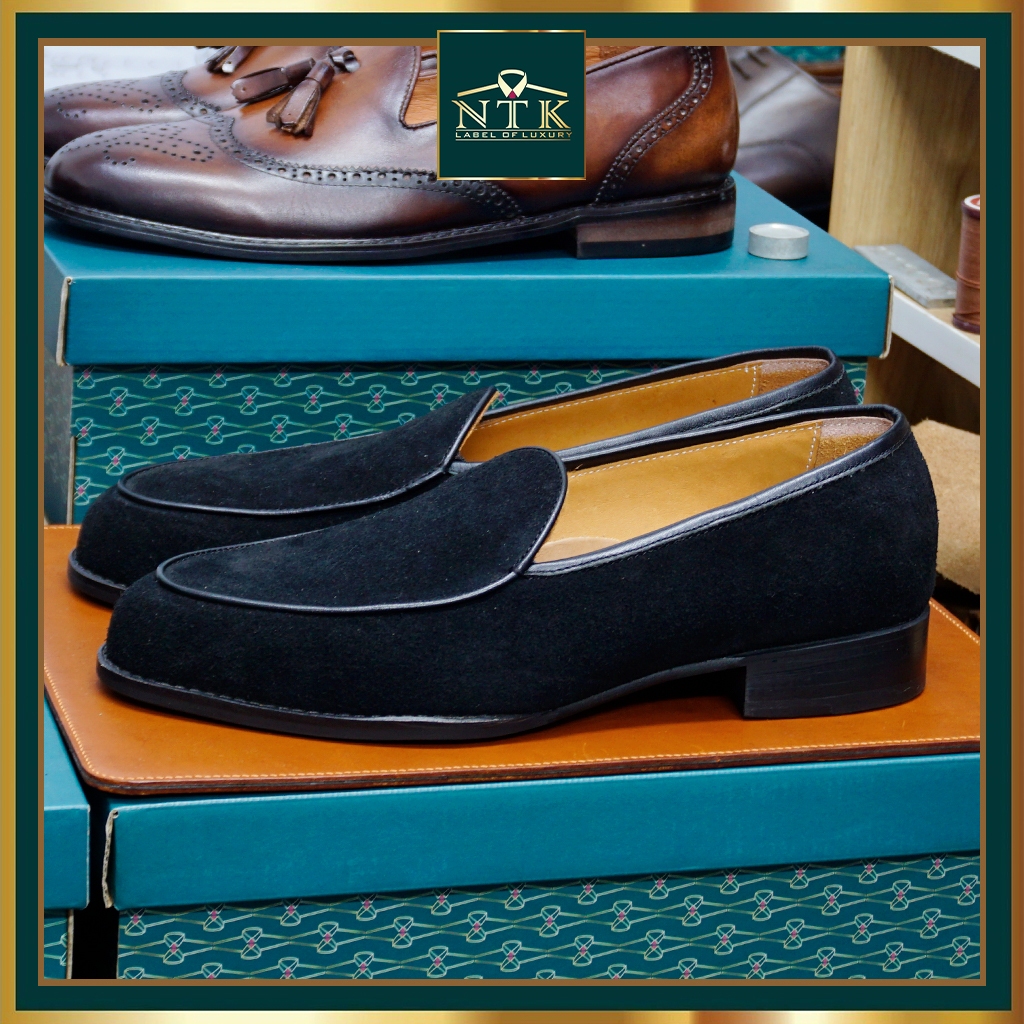 Giày da lộn cổ điển belgian loafer, chính hãng NTK Luxury, giày lười unisex cao cấp màu ĐEN da thật bảo hành 24 tháng