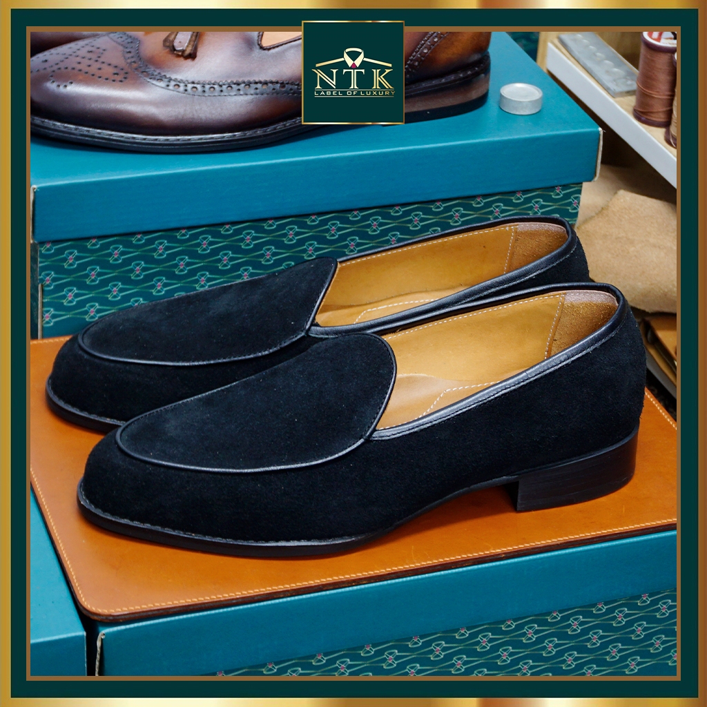 Giày da lộn cổ điển belgian loafer, chính hãng NTK Luxury, giày lười unisex cao cấp màu ĐEN da thật bảo hành 24 tháng