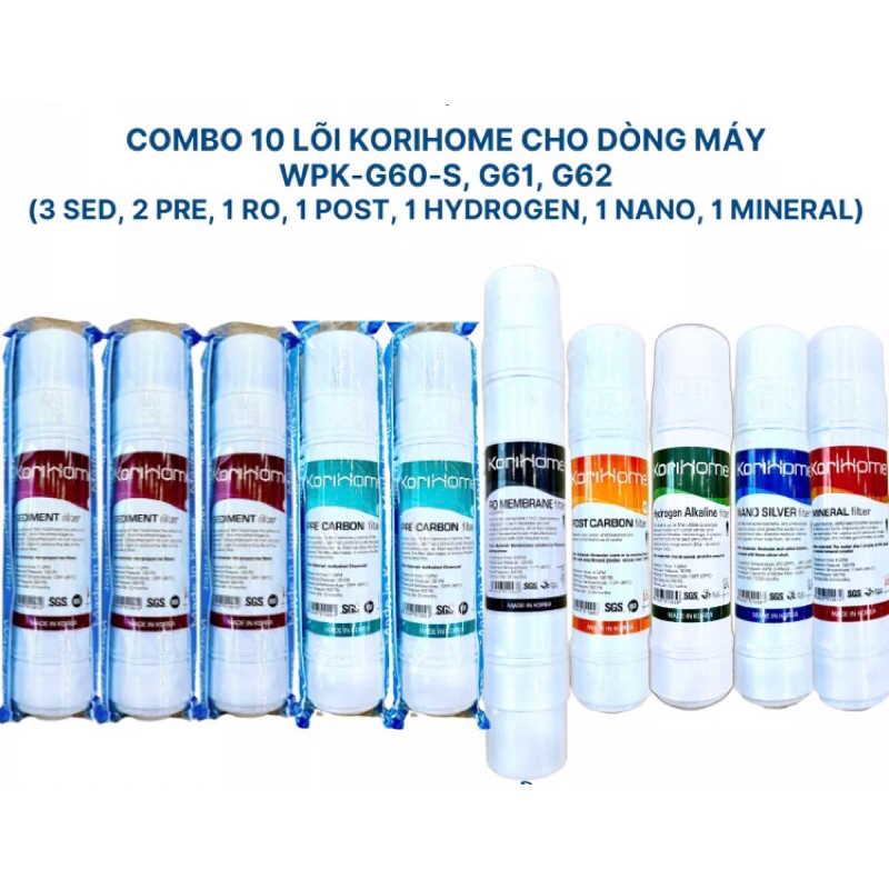 Combo 10 Lõi Lọc KORIHOME |CHÍNH HÃNG| GỒM [3SE, 2PRE, 1RO, 1POST, 1MINERAL, 1HYDROGEN, 1NANO]