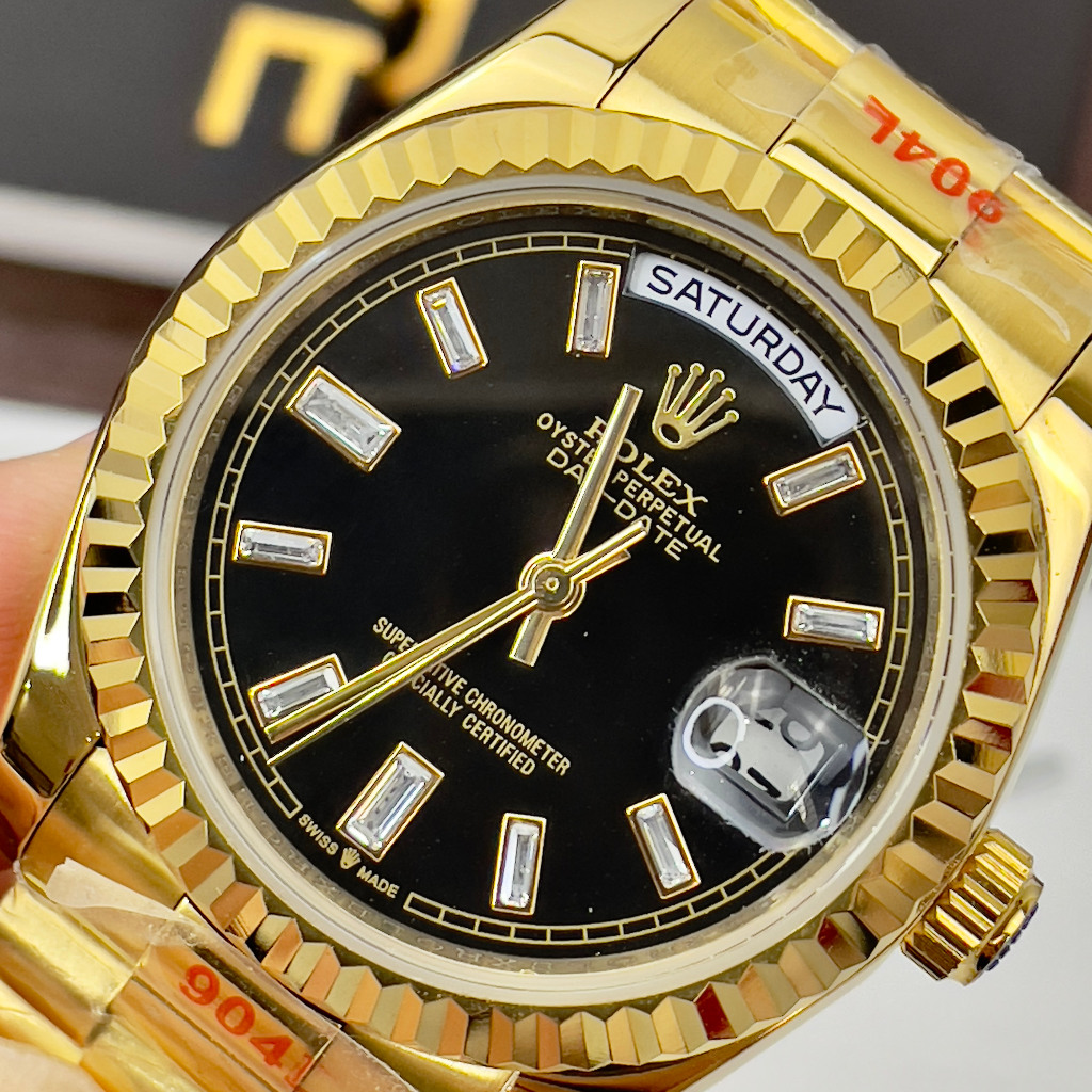 Đồng hồ Nam Rl day date măt đen vỏ vàng gold  số đá  nhật dòng cơ Automatic size 38mm- 41mm kim loại