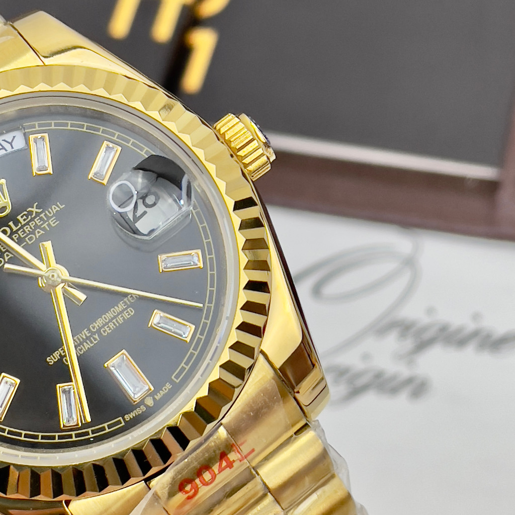 Đồng hồ Nam Rl day date măt đen vỏ vàng gold  số đá  nhật dòng cơ Automatic size 38mm- 41mm kim loại