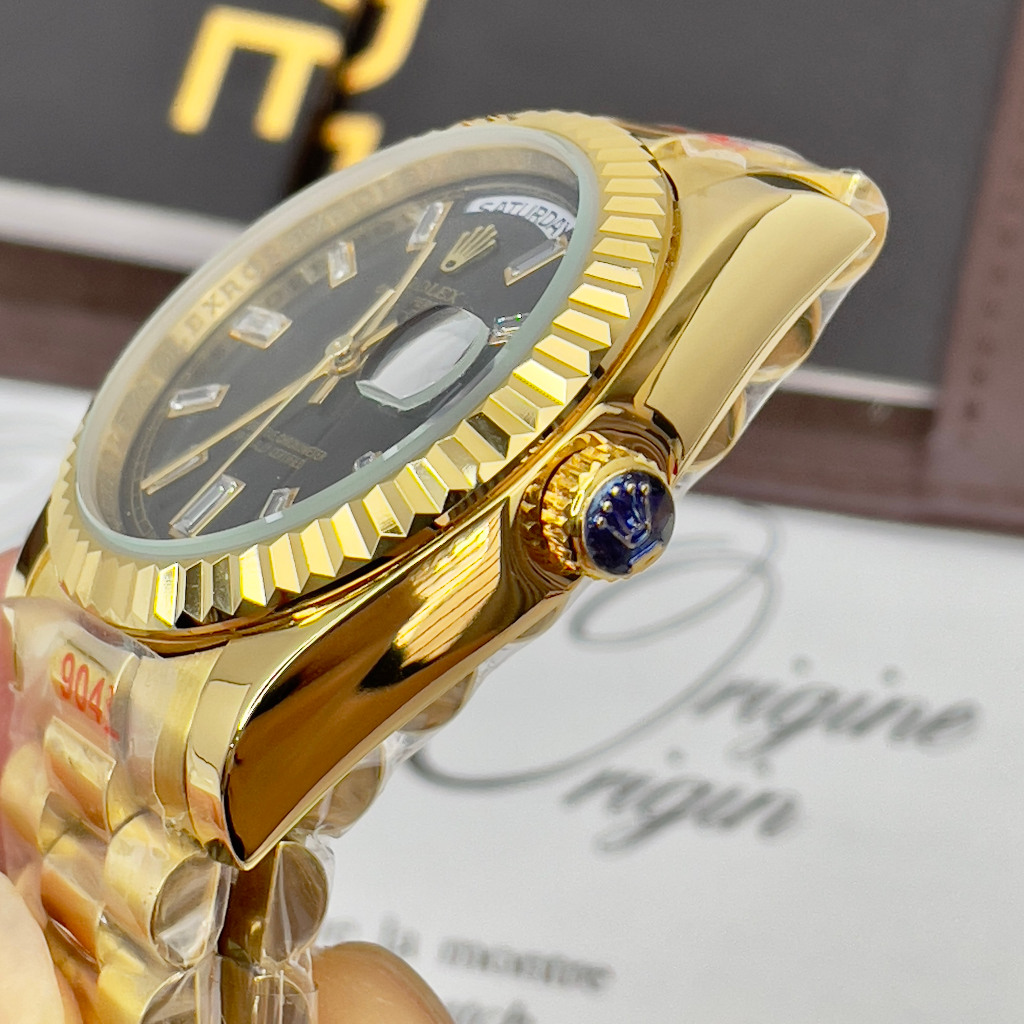 Đồng hồ Nam Rl day date măt đen vỏ vàng gold  số đá  nhật dòng cơ Automatic size 38mm- 41mm kim loại