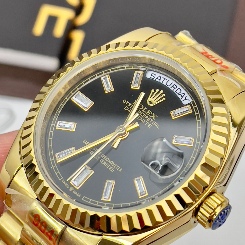 Đồng hồ Nam Rl day date măt đen vỏ vàng gold  số đá  nhật dòng cơ Automatic size 38mm- 41mm kim loại