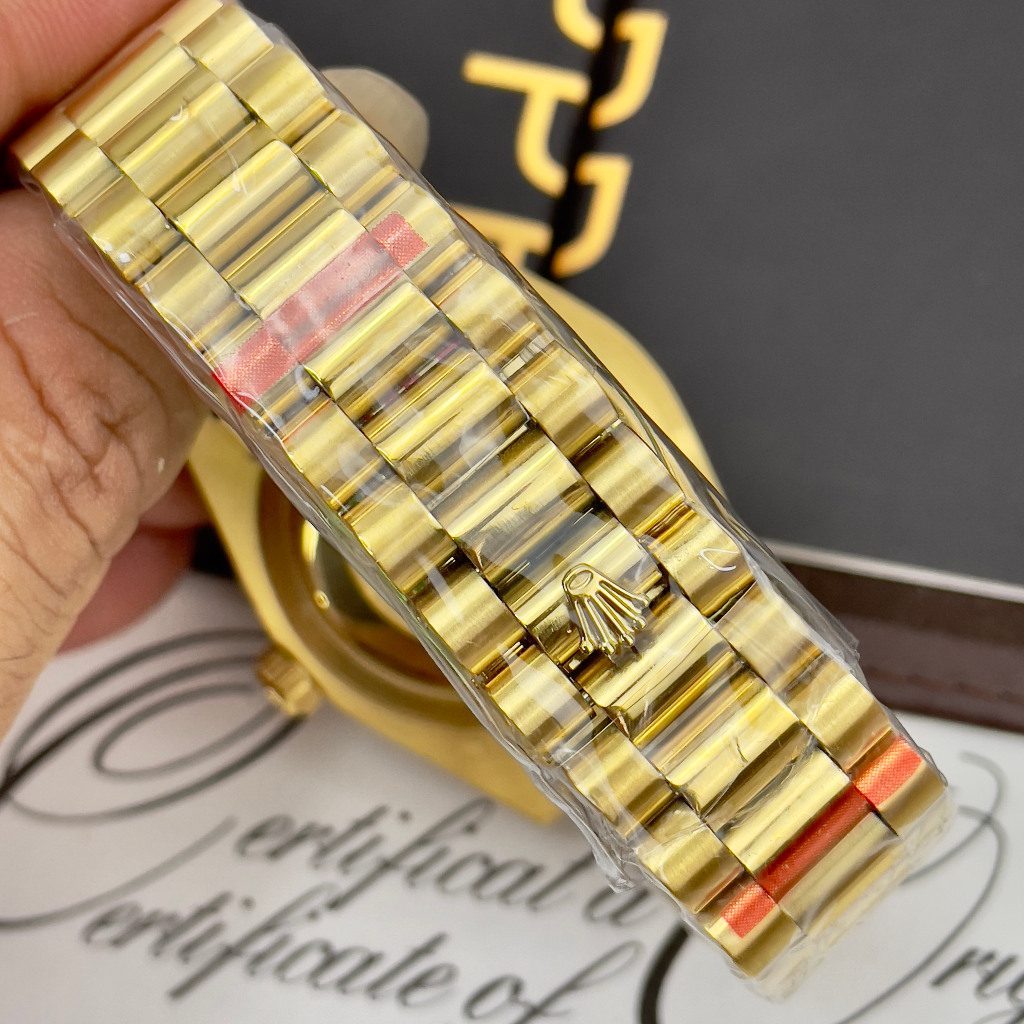 Đồng hồ Nam Rl day date măt đen vỏ vàng gold  số đá  nhật dòng cơ Automatic size 38mm- 41mm kim loại