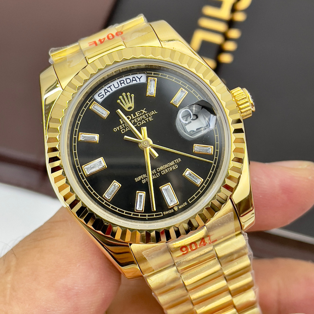 Đồng hồ Nam Rl day date măt đen vỏ vàng gold  số đá  nhật dòng cơ Automatic size 38mm- 41mm kim loại