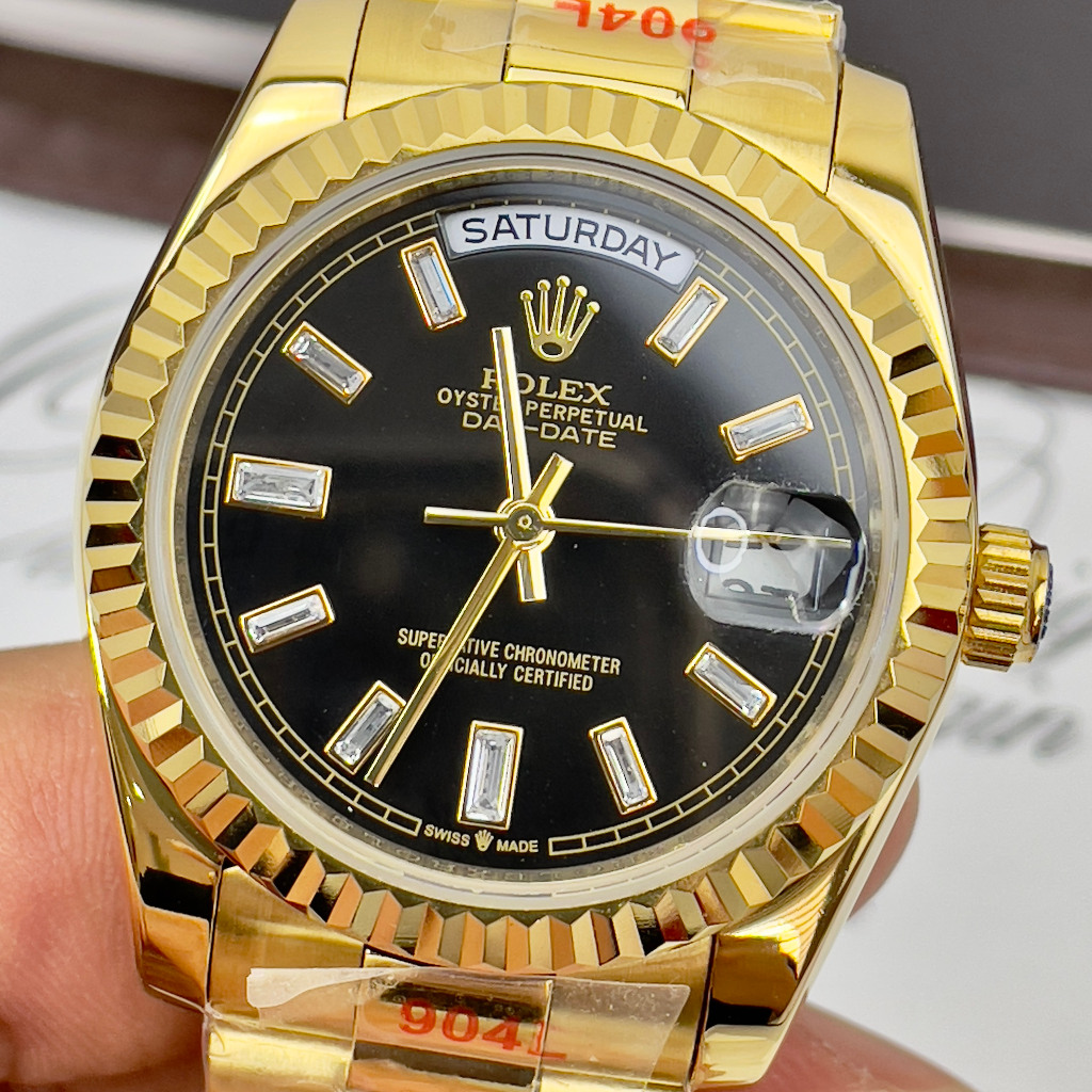 Đồng hồ Nam Rl day date măt đen vỏ vàng gold  số đá  nhật dòng cơ Automatic size 38mm- 41mm kim loại