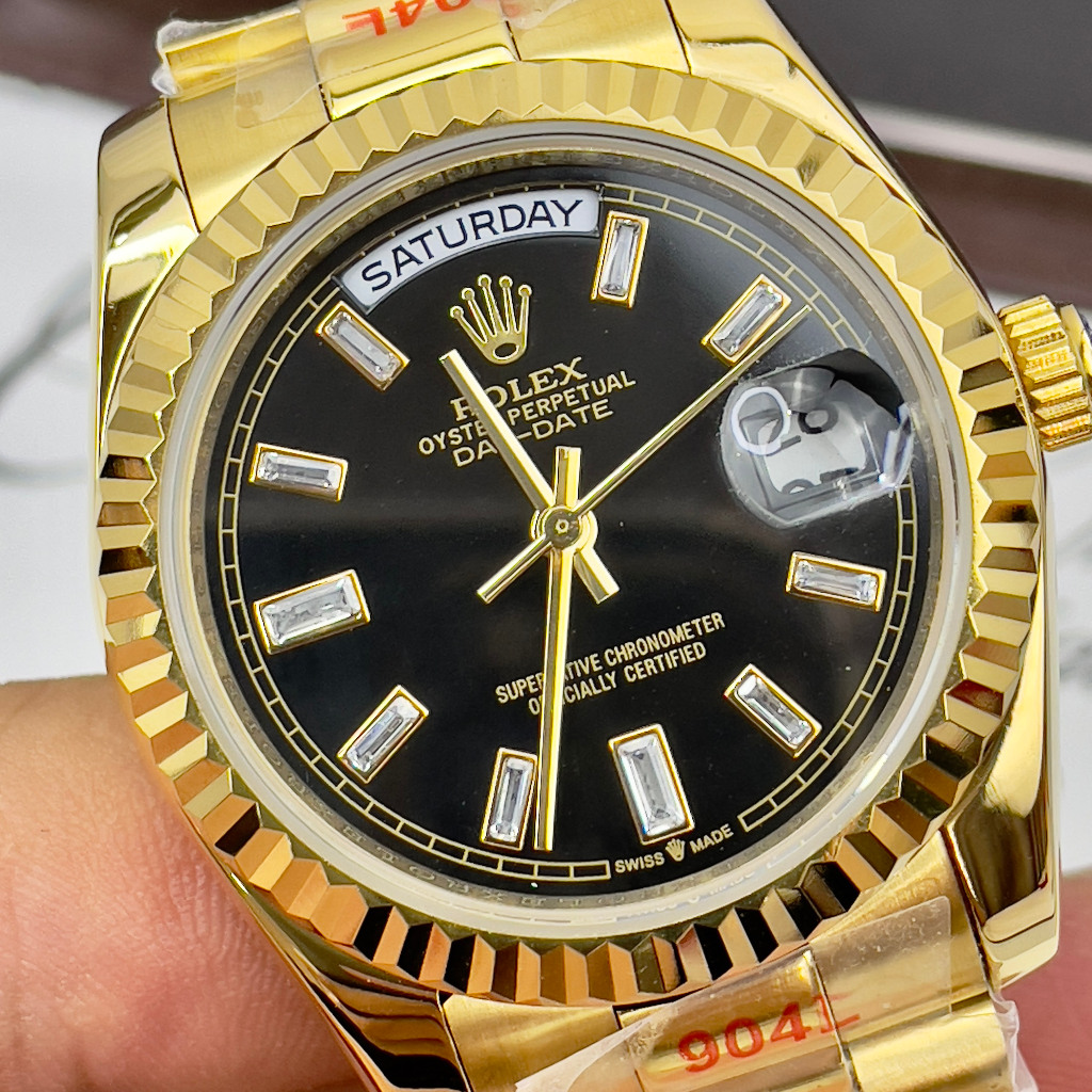 Đồng hồ Nam Rl day date măt đen vỏ vàng gold  số đá  nhật dòng cơ Automatic size 38mm- 41mm kim loại
