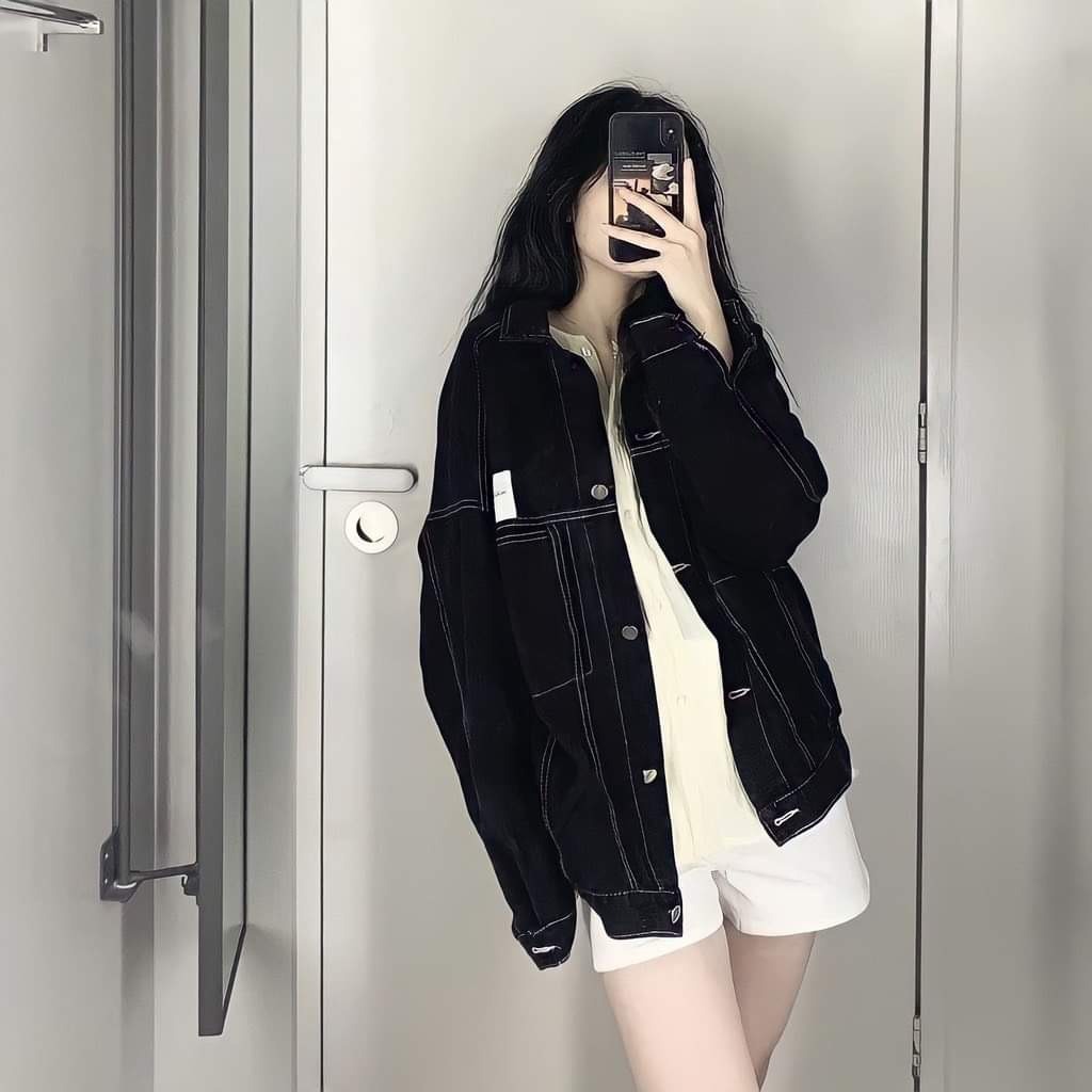 Áo JACKET JEAN AMERI màu đen Form Rộng Unisex,Áo khoác bò unisex cực cá tính MS31