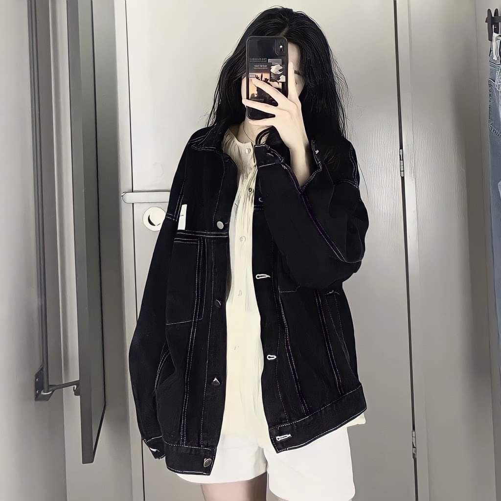 Áo JACKET JEAN AMERI màu đen Form Rộng Unisex,Áo khoác bò unisex cực cá tính MS31
