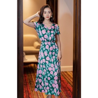 Váy Xanh Hoa Hồng Cổ V Lụa Hàn Ly Bui AT17