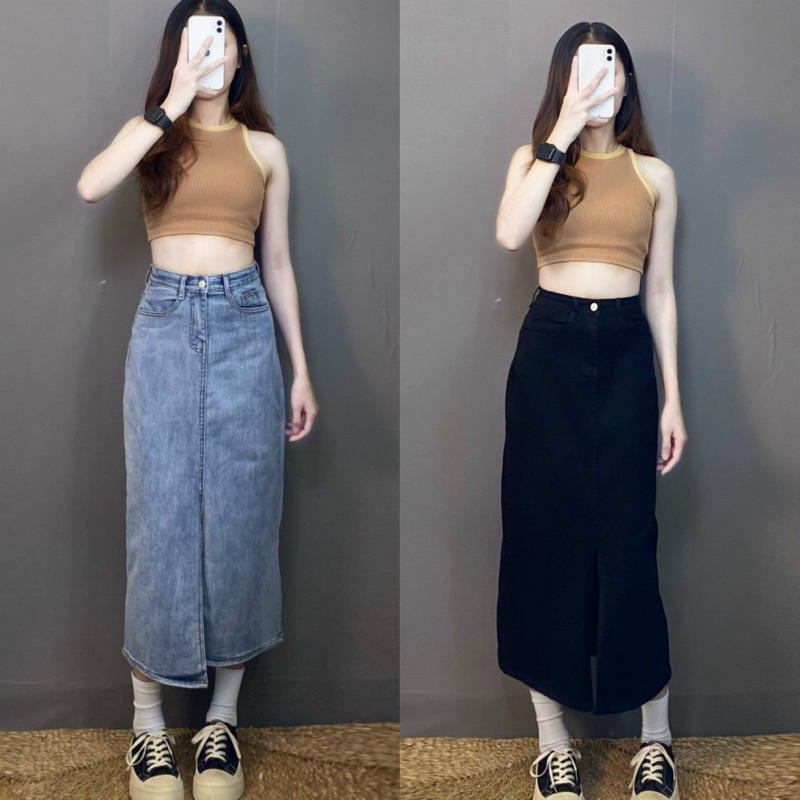 Chân váy jean co giãn dáng dài xẻ tà ,Chân váy bút chì