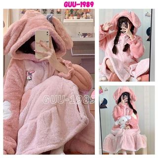 Váy lông hồng có mũ tai thỏ túi trái tim - Đầm bánh bèo hoa cúc ở tay dài dễ thương ấm áp - GUU1989 BL74