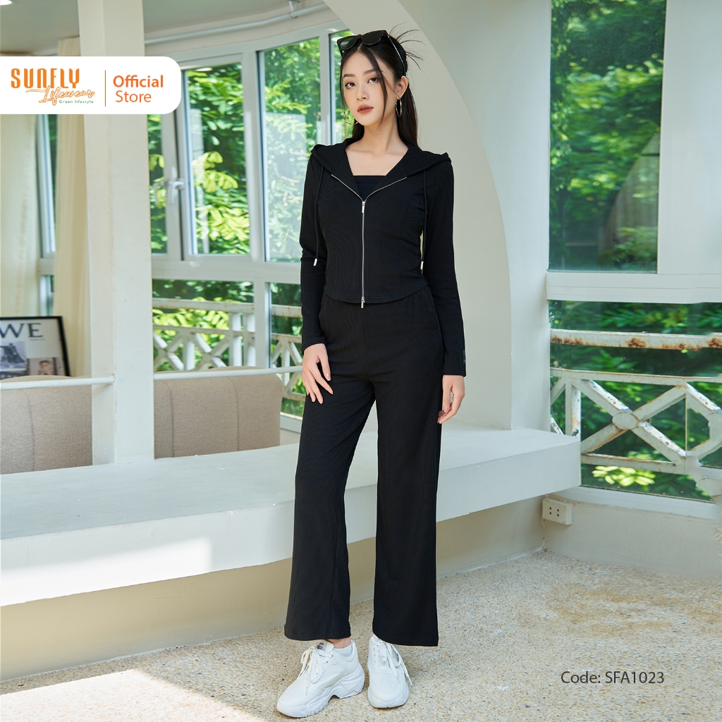 Bộ Đồ Nữ Len SUNFLY Kéo Khóa Có Mũ Áo Dài Quần Dài SFB3030