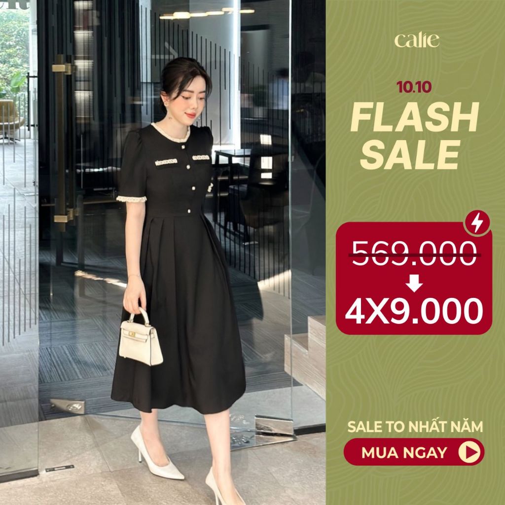 Váy nữ dáng xòe phối ren túi cơi ngực CALIE VX142