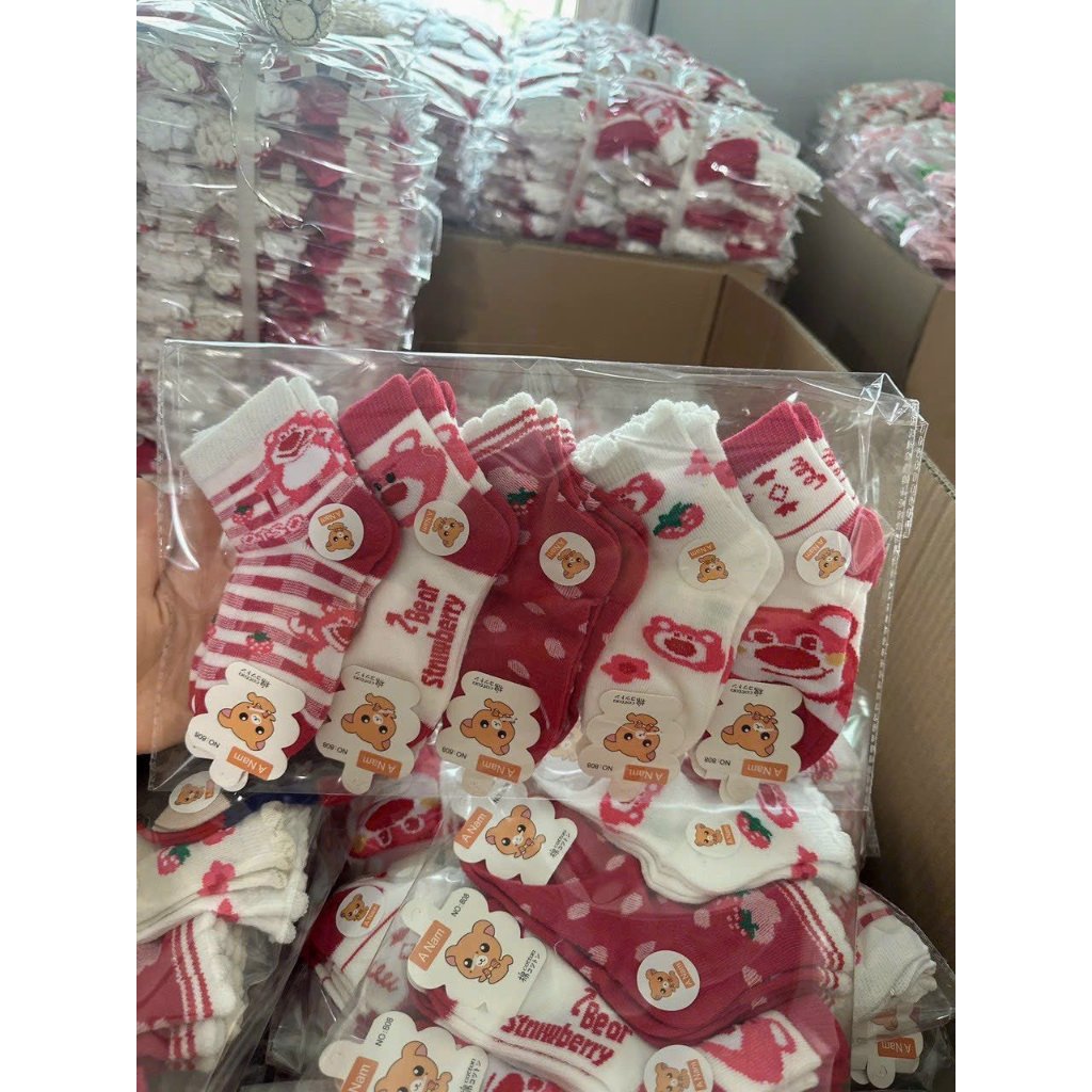Sét 10 tất gấu lotos dâu hồng đậm cho bé gái mềm ấm co giãn thấm mồ hôi tốt D088
