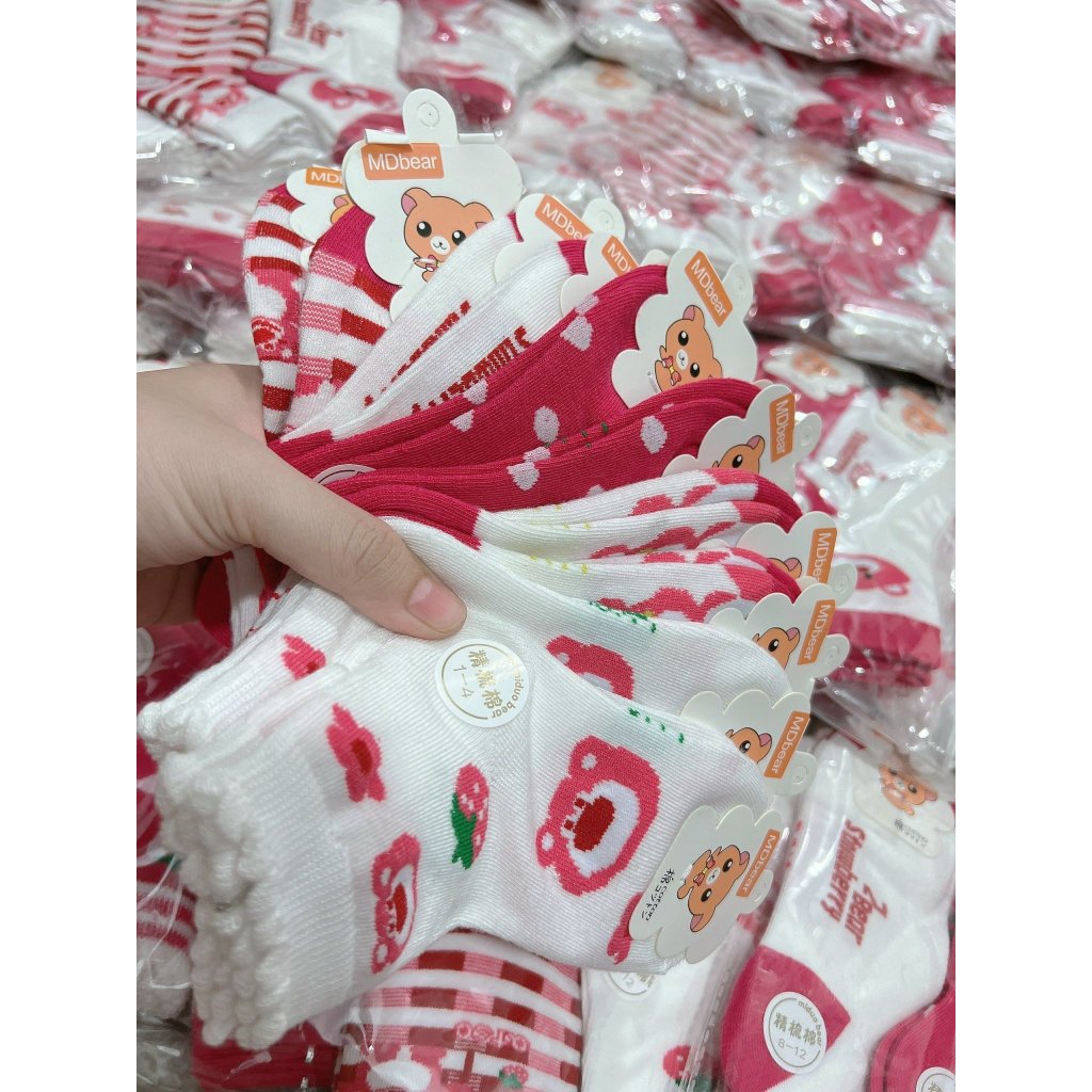 Sét 10 tất gấu lotos dâu hồng đậm cho bé gái mềm ấm co giãn thấm mồ hôi tốt D088