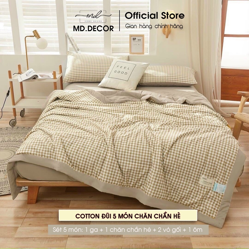 Bộ Chăn Ga Gối Cotton Đũi MD.DECOR - Bedding chần bông hè mỏng họa tiết dễ thương nhiều size drap bọc Nệm m2 m4 m6 m8