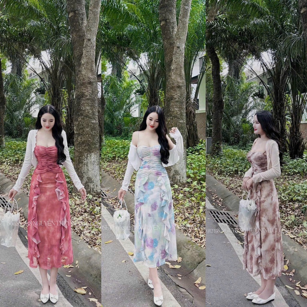 Set đầm nữ thun hai dây phối hoa nhún ngực kèm áo khoác lưới tay dài che khuyết điểm