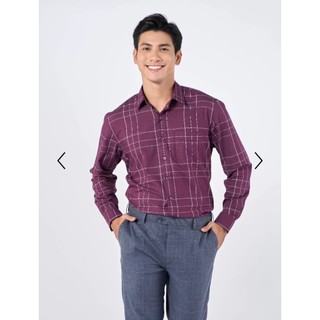 OWEN - Áo sơ mi dài tay Owen REGULARFIT chất sợi tre màu đỏ tía kẻ trắng 220911