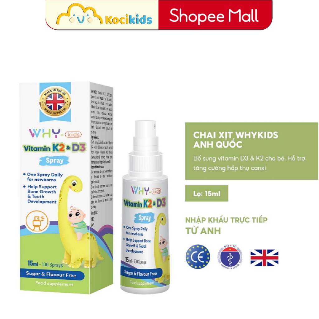 Vitamin D3 và K2 dạng xịt Why-Kids, tăng cường hấp thu Canxi hỗ trợ phát triển chiều cao cho bé chai 15ml