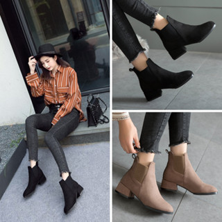Giày boot nữ cổ thun 2 màu ĐEN/ NÂU NHẠT chất da lộn đế thấp 4cm ÊM CHÂN thoải mái đi bộ GBN118