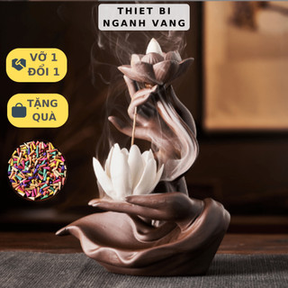 Thác Khói Trầm Hương Đôi Bàn Tay Phật Thủ Đỡ Đài Hoa Sen Chất Liệu Gốm Tặng Nụ Trầm Khói Ngược