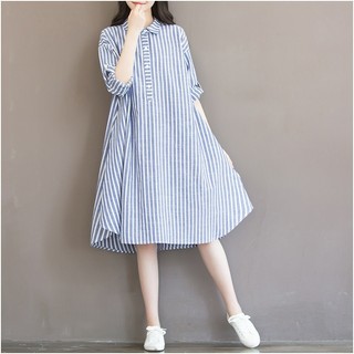 Đầm bầu công sở, Đầm bầu nữ form rộng cổ sơ mi vải đũi mặc mát 132